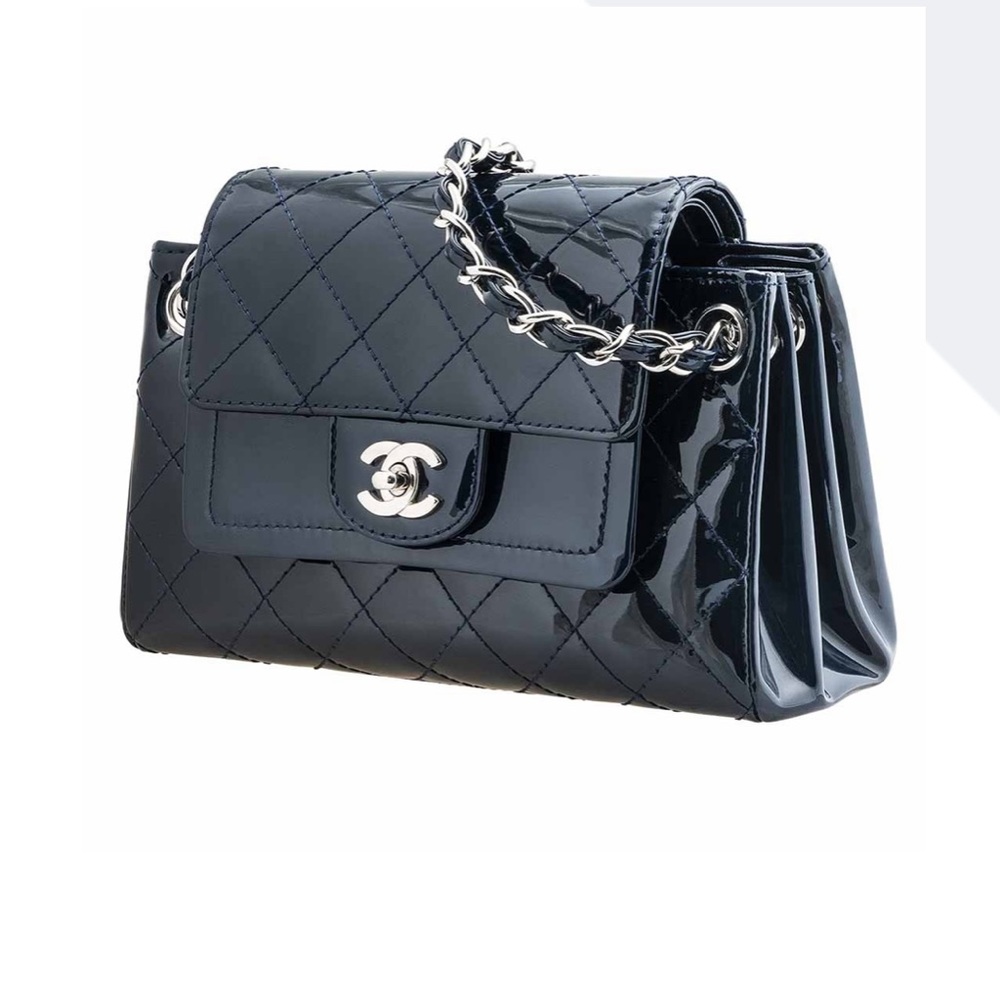 Chanel Double Flap Accordion Bag Navy Patent